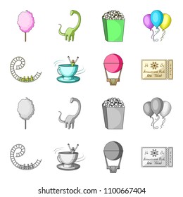 Roller coaster ride, balloon with basket, caruelle cup, ticket to the entrance to the park. Amusement park set collection icons in cartoon,monochrome style vector symbol stock illustration web.