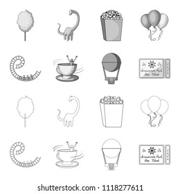 Roller coaster ride, balloon with basket, caruelle cup, ticket to the entrance to the park. Amusement park set collection icons in outline,monochrome style vector symbol stock illustration web.