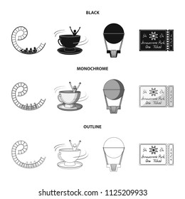 Roller coaster ride, balloon with basket, caruelle cup, ticket to the entrance to the park. Amusement park set collection icons in black,monochrome,outline style vector symbol stock illustration web.