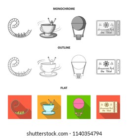 Roller coaster ride, balloon with basket, caruelle cup, ticket to the entrance to the park. Amusement park set collection icons in flat,outline,monochrome style vector symbol stock illustration web.