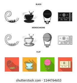 Roller coaster ride, balloon with basket, caruelle cup, ticket to the entrance to the park. Amusement park set collection icons in black, flat, monochrome style vector symbol stock illustration web.