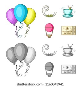 Roller coaster ride, balloon with basket, caruelle cup, ticket to the entrance to the park. Amusement park set collection icons in cartoon,monochrome style vector symbol stock illustration web.