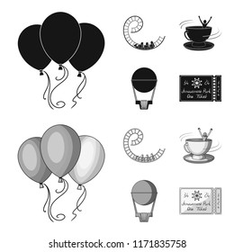 Roller coaster ride, balloon with basket, caruelle cup, ticket to the entrance to the park. Amusement park set collection icons in black,monochrome style vector symbol stock illustration web.