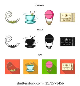 Roller coaster ride, balloon with basket, caruelle cup, ticket to the entrance to the park. Amusement park set collection icons in cartoon,black,flat style vector symbol stock illustration web.