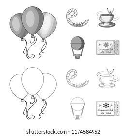 Roller coaster ride, balloon with basket, caruelle cup, ticket to the entrance to the park. Amusement park set collection icons in outline,monochrome style vector symbol stock illustration web.