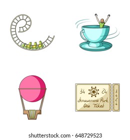 Roller coaster ride, balloon with basket, caruelle cup, ticket to the entrance to the park. Amusement park set collection icons in cartoon style vector symbol stock illustration web.