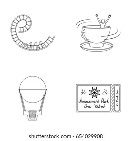 Roller coaster ride, balloon with basket, caruelle cup, ticket to the entrance to the park. Amusement park set collection icons in outline style vector symbol stock illustration web.