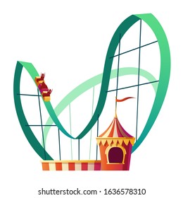 Roller coaster ride. Rollercoaster attraction with happy people in amusement carnival park isolated on white background. Festive fair and recreation entertainment Cartoon vector illustration, clip art