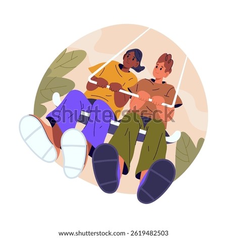 Roller coaster seat with people. Vector speed carousel. Outdoor amusement park sign or poster. Fast track or motion attraction. Fun ride at holiday or festive. Family recreation or friends excitement.