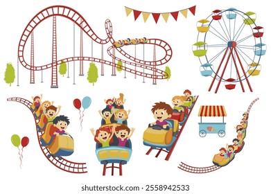 Roller coaster set elements in flat graphic design. Collection of amusement park and funfair carousels, happy children ride at train attraction, ferris wheel at fairground, other. Vector illustration.