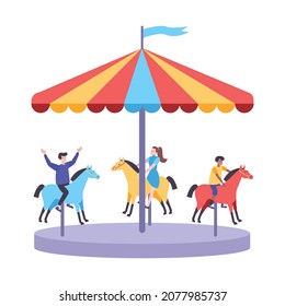 Montaje plano del conjunto de la montaña rusa con visión de paseo de diversión y niños que se mueven sobre caballos de juguete ilustración vectorial