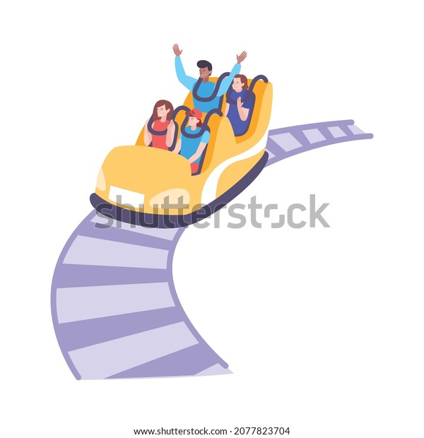 Roller coaster\
set flat composition with view of amusement ride and people in car\
moving on rails vector\
illustration