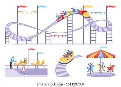 Roller coaster set of flat icons with amusement rides isolated images and people on blank background vector illustration