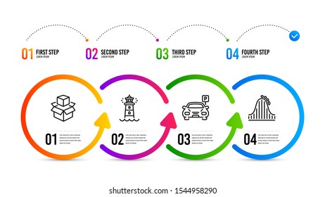 Roller coaster sign. Infographics timeline. Packing boxes, Lighthouse and Parking line icons set. Delivery package, Searchlight tower, Car park. Attraction park. Transportation set. Vector