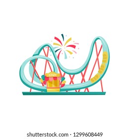 Roller coaster and small ticket booth. Extreme funfair attraction. Equipment of amusement park. Flat vector design