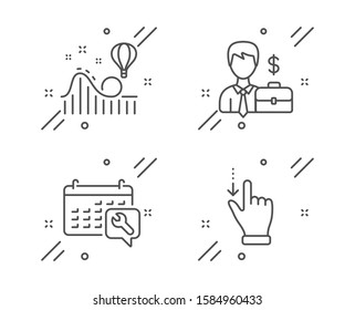 Roller coaster, Spanner and Businessman case line icons set. Touchscreen gesture sign. Attraction park, Repair service, Human resources. Slide down. Line roller coaster outline icon. Vector
