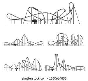 Roller coaster various route set. Amusement rides collection. Railroad tracks with tight turns, steep slopes, inversions for fun in park Extreme entertainment. Vector roller coaster isolated on white.