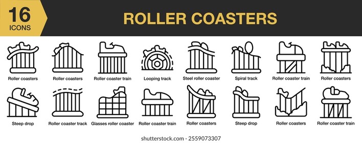 Roller Coasters icon set. Includes Amusement, Carnival, Circus, Coaster, Entertainment, Parade, Roller, and More. Outline icons vector collection.