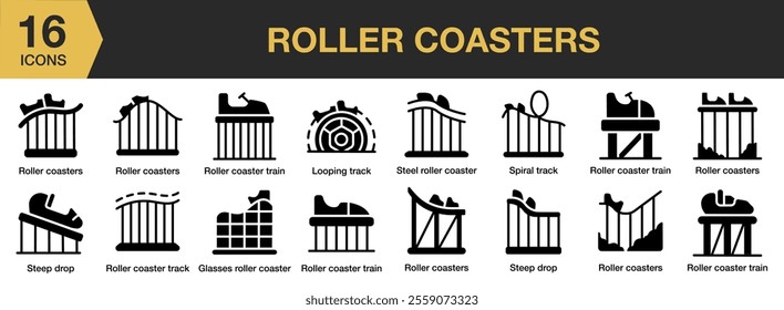 Roller Coasters solid icon set. Includes Amusement, Carnival, Circus, Coaster, Entertainment, Parade, Roller, and More. Solid icons vector collection.