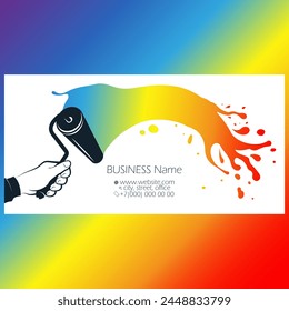 Roller with colored paint in hand, business card for painting work