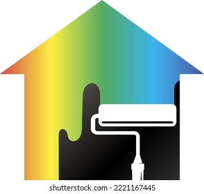 A Roller With Colored Paint And A House. Symbol For House Painter And Painting Work