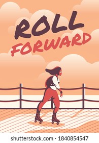 Roller. Cute young girl ride on rollerblading on cloudy landscape, teenager active trendy leisure time outdoors poster, woman and lettering for t-shirt design or banner, ad print vector illustration