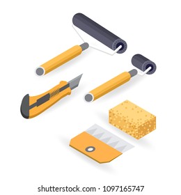Roller, cutter, sponge. Isometric construction tools isolated on a white background. Colorful flat illustration. Vector set of hand tools for home renovation. Instruments for repair.