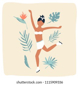 Roller dancing girl and tropical leaves. Vintage poster