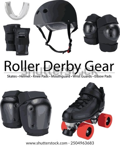 Roller Derby Gear including helmet, mouthguard, wrist guards, elbow pads, knee pads, and skates