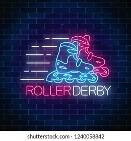 Roller derby glowing neon sign on dark brick wall background. Roller skates competition symbol in neon style. Vector illustration.