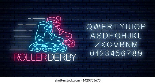 Roller derby glowing neon sign and alphabet on dark brick wall background. Roller skates competition symbol in neon style. Vector illustration.