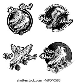 Roller derby monochrome emblems with calligraphic lettering and quad skates with laced boots isolated vector illustration