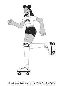 Roller disco girl black and white cartoon flat illustration. 1980s rollerblading latina woman with knee high socks 2D lineart character isolated. Nostalgia monochrome scene vector outline image