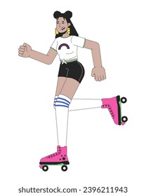 Roller disco girl line cartoon flat illustration. 1980s rollerblading latina woman with knee high socks 2D lineart character isolated on white background. Nostalgia fashion scene vector color image