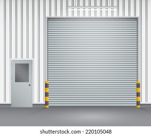 Roller door or roller shutter. Also called security door or overhead door. For protect residential, commercial and industrial building i.e. home, factory, warehouse and store etc. Vector illustration.