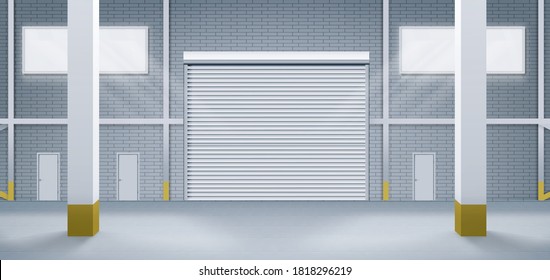 Roller door or roller shutter using for factory, warehouse or hangar. Industrial building interior consist of polished concrete floor and closed door for product display or industry background.