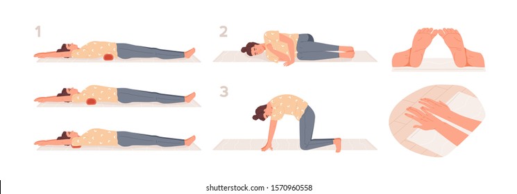 Roller exercise flat vector illustrations set. Girl putting roller under the shoulder blades, lower back and cervical vertebrae. Japanese physiotherapy. Posture, position of arms and legs.