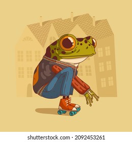 Roller frog, vector illustration. Trendy dressed anthropomorphic frog, wearing retro roller skates, sitting on his haunches against buildings' silhouettes. Animal character with human body. Furry