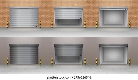 Roller garage gates set. Realistic garage doors on brick and concrete wall with modern shutter technology of automatic slide. 3d vector illustration