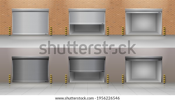 Roller garage gates set. Realistic garage\
doors on brick and concrete wall with modern shutter technology of\
automatic slide. 3d vector\
illustration