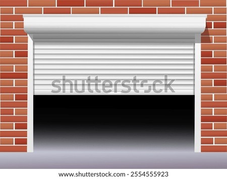 Roller garage metal gates in a brick wall. Rolling shutter door. Vector realistic illustration