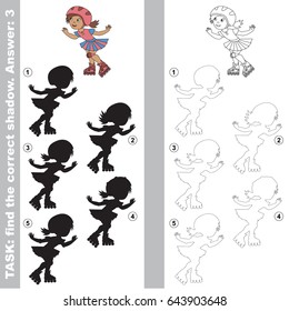Roller Girl in Helmet with different shadows to find the correct one, compare and connect object with it true shadow, the educational kid game with simple gaming level.