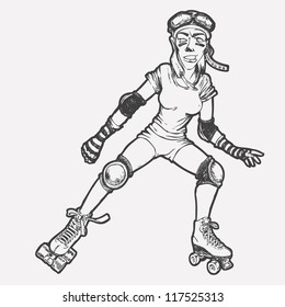 Roller Girl. Monochrome Hand Drawn. vector illustration