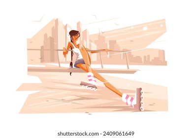 Roller Girl on Bench, vector illustration. Scene depicts a roller girl taking a break and sitting on a bench.
