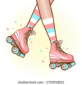 Roller girl on a white backgropund. Comic style. Retro. Vintage