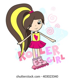 Roller Girl in Pink Roller Skates and Inscription - Vector Illustration
