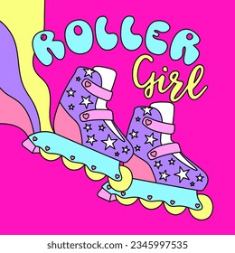 ROLLER GIRL TEXT, ILLUSTRATION OF COLORFUL SKATES WITH TEXT, SLOGAN PRINT VECTOR