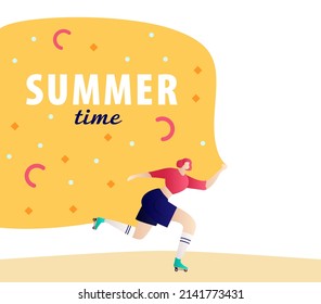Roller girl walking illustration vector. Girl power concept poster. Summer time