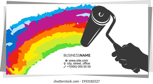 Roller in hand colored paint splatter business card concept