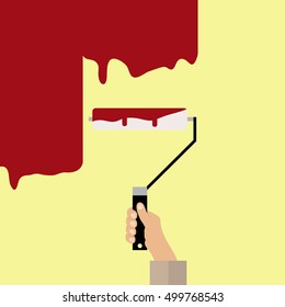 Roller in hand, Roller icon, red paint, to paint the wall. Flat design, vector.